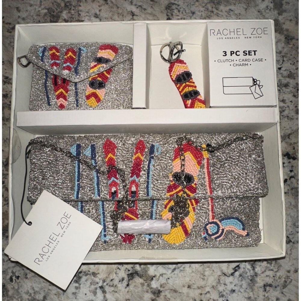 Rachel Zoe 3 Piece Beaded Ski Snowboard Snow Clutch Set Card Case Charm NWT